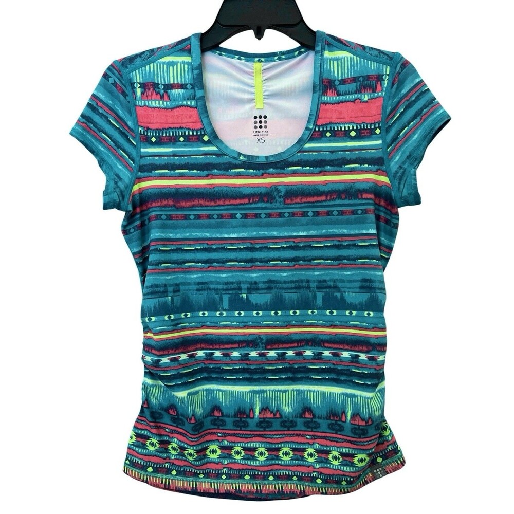 TITLE NINE Live Wire Tee Ruched Side Scoop Neck Aztec Tribal Vibrant Active XS